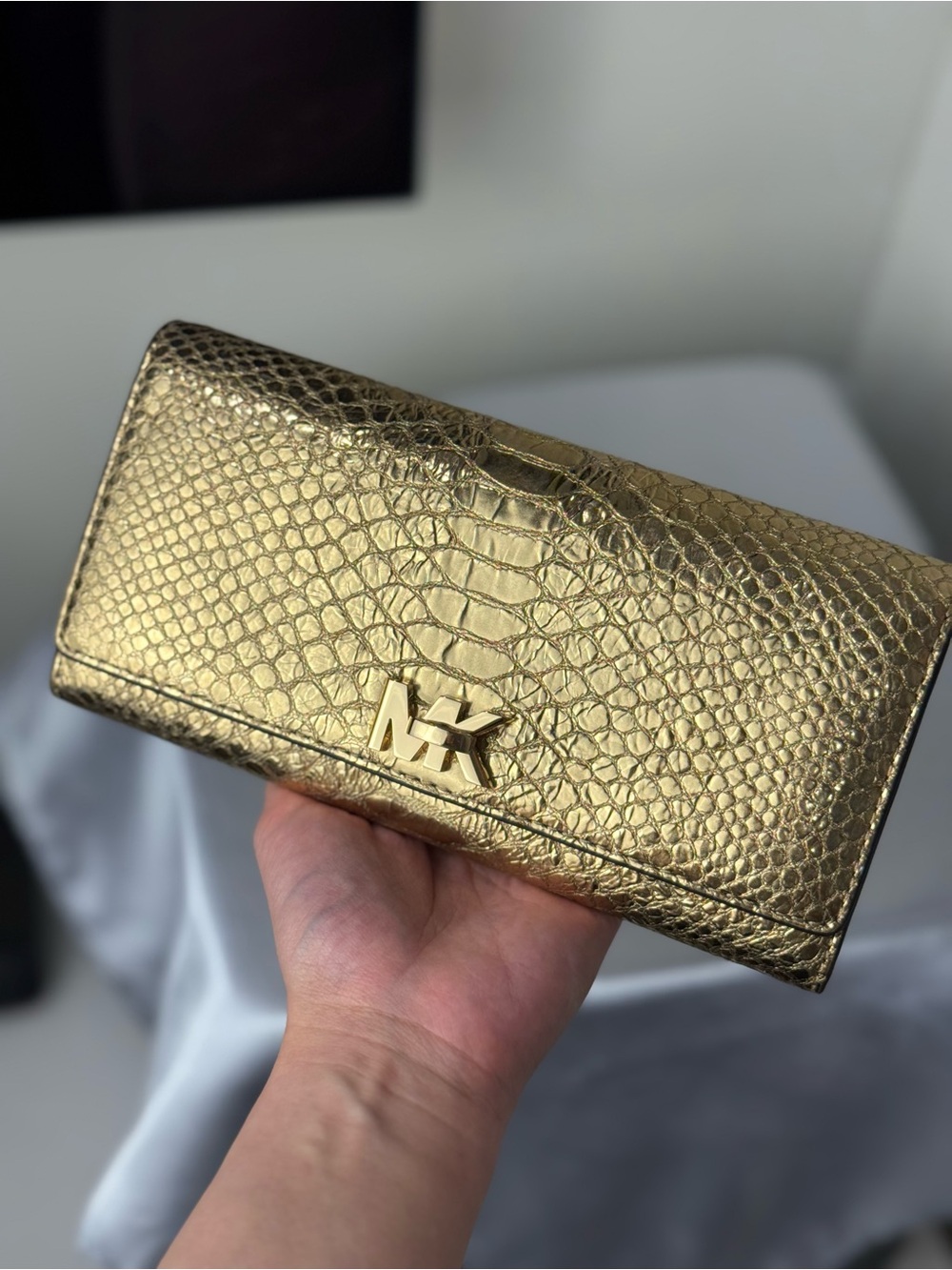 Michael Kors Gold Embossed MK Lock Flap Clutch Wallet